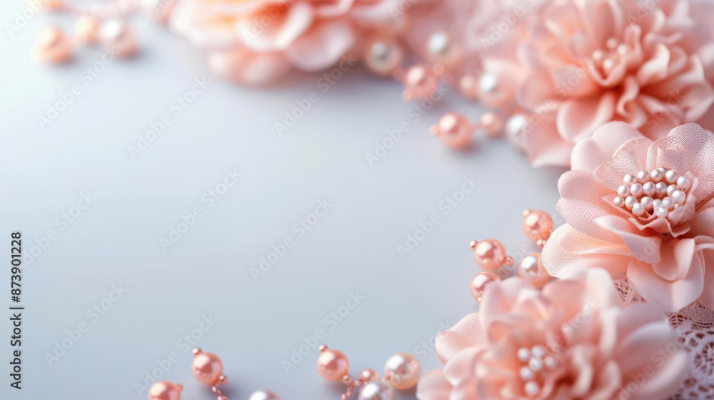 Elegant peach flowers and pearls arranged on a light background, perfect for wedding invitations, greeting cards, and romantic designs. Elegant peach flowers and pearls arranged on a light background, perfect for wedding invitations, greeting cards, and romantic designs.