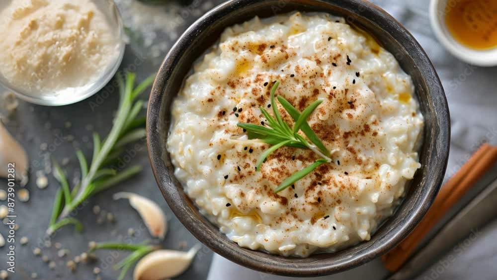 A cozy bowl of oatmeal topped with a sprinkle of cinnamon and rosemary for a warm and comforting breakfast. A cozy bowl of oatmeal topped with a sprinkle of cinnamon and rosemary for a warm and comforting breakfast.