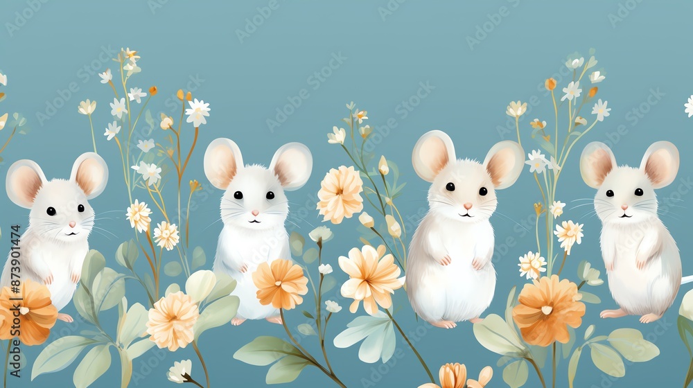 Naklejka premium Cute white mice surrounded by flowers on a blue background.