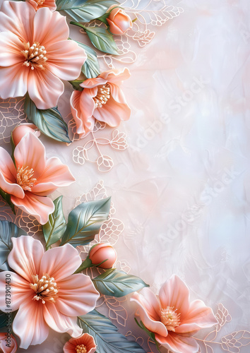Elegant pastel floral background with delicate lace and peach flowers, perfect for wedding invitations or romantic designs.