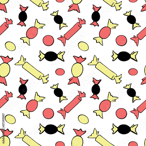 Vector seamless pattern of sweet cute candies. Concept for holidays: Halloween, Christmas, New Year, birthday. Bright children texture for design of menus, printing, wrapping paper