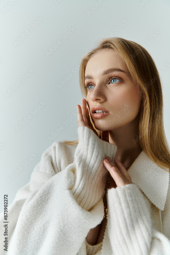 Young woman with long blonde hair looks up thoughtfully in white knit sweater. Young woman with long blonde hair looks up thoughtfully in white knit sweater.