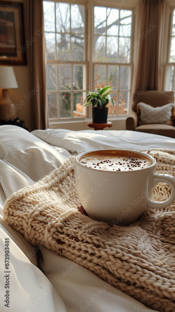 Cup of coffee on the blankets of a bed. Cozy atmosphere. Cup of coffee on the blankets of a bed. Cozy atmosphere.