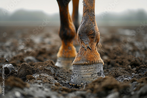 The hoves of a horse standing outside on a muddy surface close-up photo