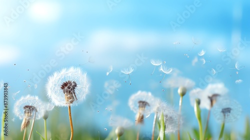 White dandelion seeds blowing in the wind against a bright blue sky.
