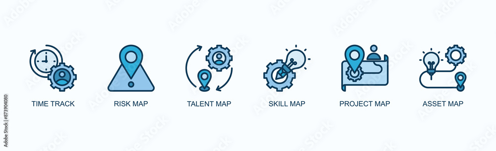 Resource Management Banner Web Icon Vector Illustration Concept With Time Track, Risk Map, Talent Map, Skill Map, Project Map, Asset Map Resource Management Banner Web Icon Vector Illustration Concept With Time Track, Risk Map, Talent Map, Skill Map, Project Map, Asset Map
