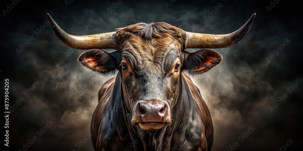 Dirty bull with horns on a dark background , bull, running of the bulls, event, animal, aggressive, wild, dangerous Dirty bull with horns on a dark background , bull, running of the bulls, event, animal, aggressive, wild, dangerous
