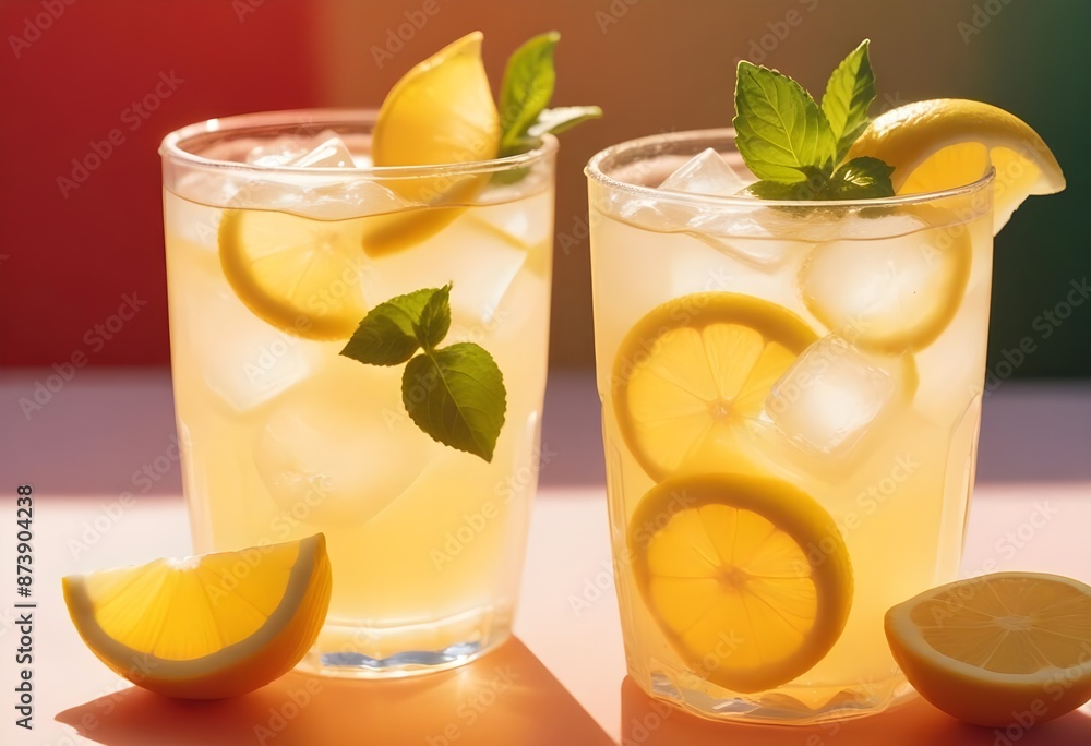 Refreshing water with lemon and mint and ice cubes on a orange background Refreshing water with lemon and mint and ice cubes on a orange background