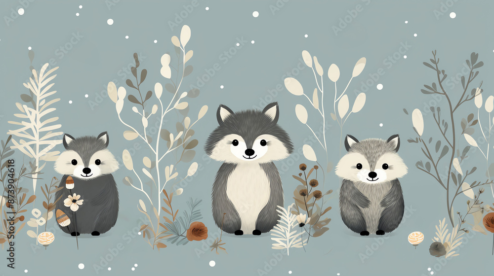 Naklejka premium Three cute foxes in a snowy winter forest scene.