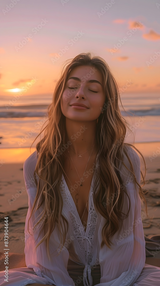 A young woman meditating on a quiet beach at sunrise, seated on a yoga mat with her legs crossed and eyes closed. The early morning light paints the sky with shades of pink and orange, and the gentle