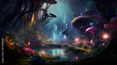 Glorious night view of the bioluminescent Pandora Forest with Na'vi creatures, from the movie Avatar