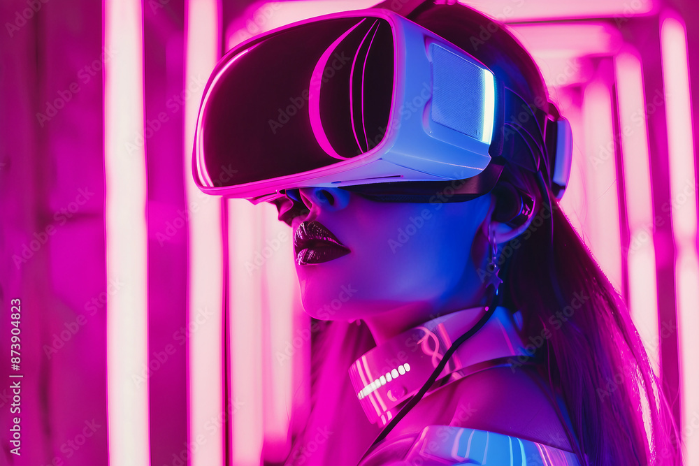 Person in vr virtual reality goggles visiting metaverse gaming world tech addicted, Generative AI Person in vr virtual reality goggles visiting metaverse gaming world tech addicted, Generative AI