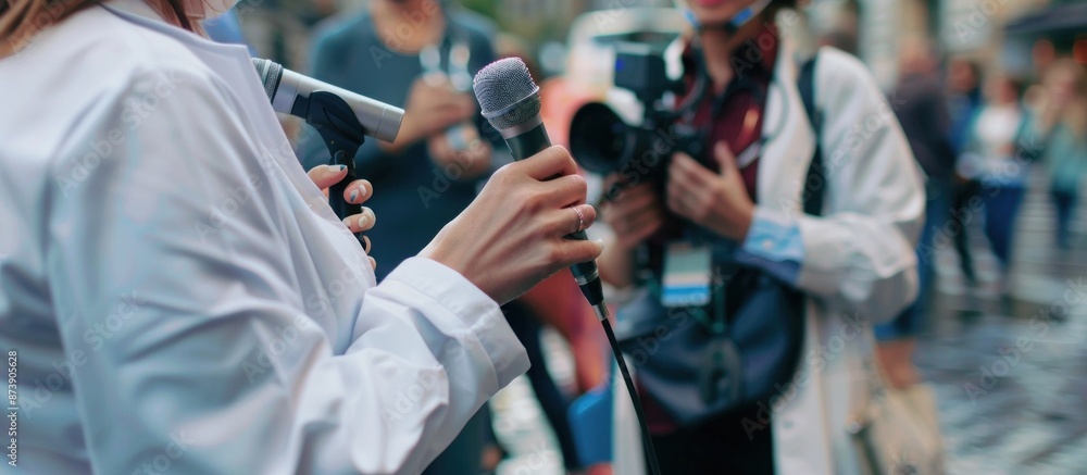 Naklejka premium Press Conference: A Reporter Talking to the Media