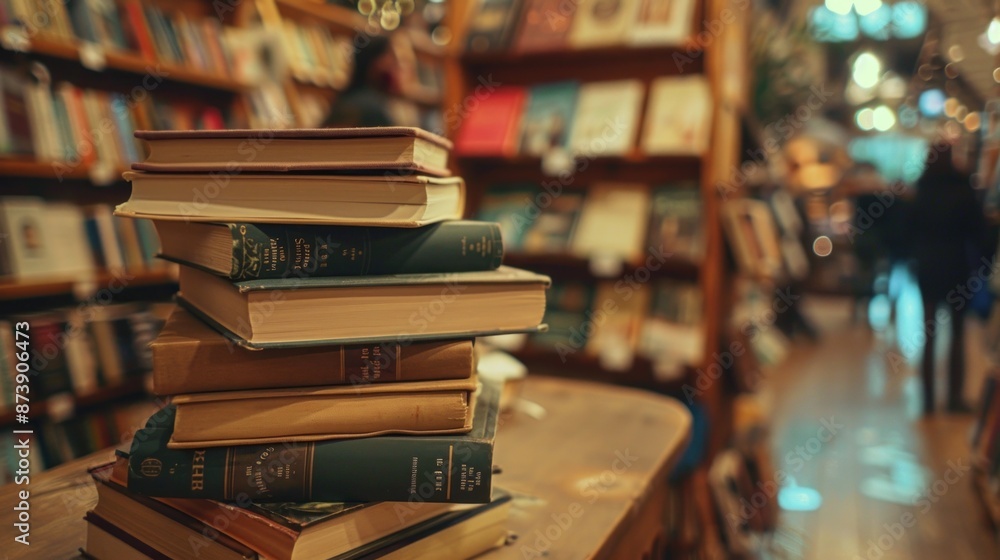 A Stack of Books in a Bookstore