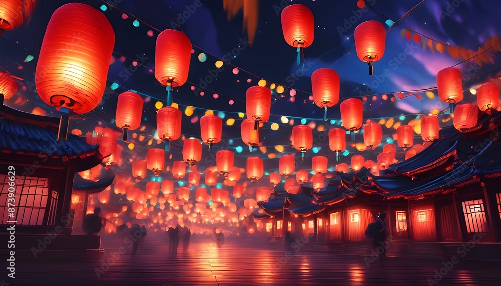 The image shows a night view of a street with red paper lanterns hanging from above. The image shows a night view of a street with red paper lanterns hanging from above.