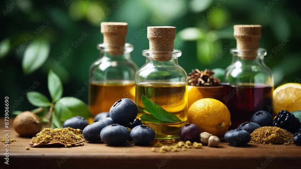 Traditional herbal spices are arranged on the table in a natural setting. Traditional herbal spices are arranged on the table in a natural setting.
