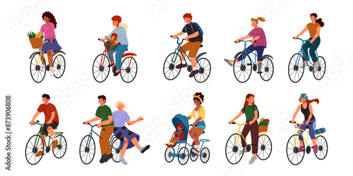 People on bicycle, bike ride. Happy man and women on cyclist, kid with parent. Person in helmet, rider old and young human, modern BMX. Sport different bicyclist. Family flat cartoon vector tidy set