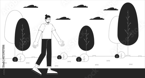 Positive caucasian man walking in spring park black and white cartoon flat illustration. Happy male european in nature 2D lineart character isolated. Leisure activity monochrome scene vector outline