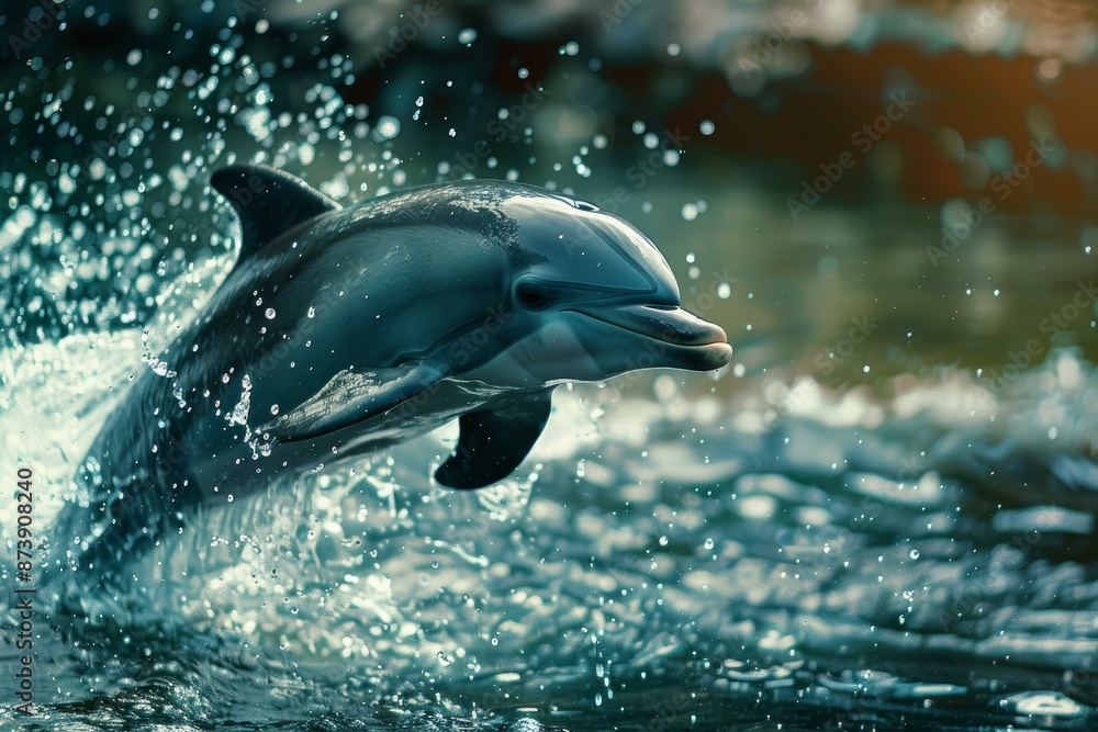 Fototapeta premium Playful dolphin emerges from sparkling water, captured at the golden hour
