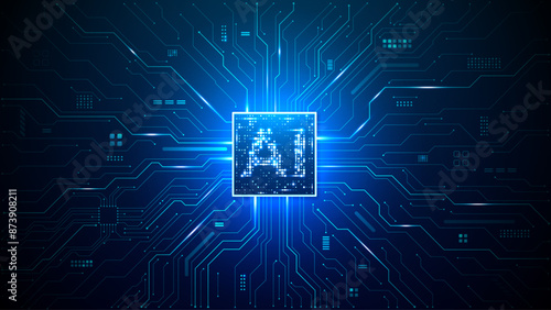 Futuristic circuit board technology background with brightly glowing AI chip in the center. CPU processor with artificial intelligence icon consists of light neon pixels. Vector illustration. Tech bg.