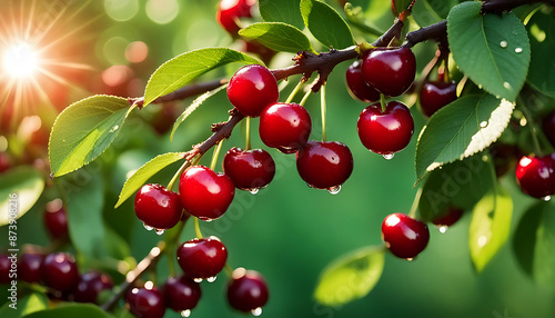 frische Kirschen rot zur Ernte reif am Kirschbaum mit glitzernden Tau Wasser Tropfen als Nahaufnahme im warmen Licht der goldenen Stunde mit Sonnenstrahlen Bio- Öko- nachhaltig Wachstum Obst Plantage