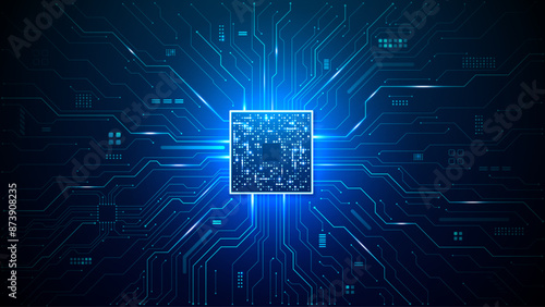 Brightly glowing AI chip on light circuit board on technology blue background. CPU processor or semiconductor on tech bg. Computer microchip on motherboard. Abstract digital vector illustration.