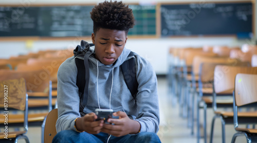 Black teenager sits alone in a classroom looking at phone with an expression of concern, dismay or distress, landscape format 16:9