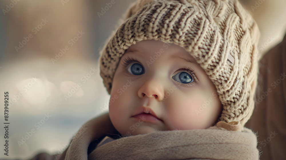 Adorable baby in a warm knit hat and scarf, with big blue eyes, looking curiously. Cozy winter portrait with soft lighting. Adorable baby in a warm knit hat and scarf, with big blue eyes, looking curiously. Cozy winter portrait with soft lighting.