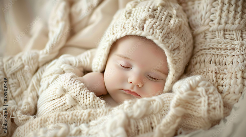 Adorable newborn baby peacefully sleeping in warm knitted outfit and hat, wrapped in cozy beige blanket. Perfect for infant and family themes. Adorable newborn baby peacefully sleeping in warm knitted outfit and hat, wrapped in cozy beige blanket. Perfect for infant and family themes.