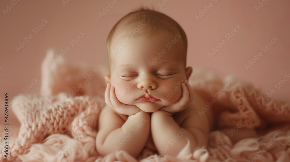 Adorable sleeping newborn baby posed with head in hands on a soft pink blanket. Peaceful and serene infant portrait in a warm setting. Adorable sleeping newborn baby posed with head in hands on a soft pink blanket. Peaceful and serene infant portrait in a warm setting.