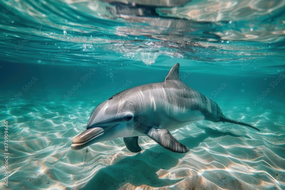 Fototapeta premium Clear underwater shot capturing the graceful motion of a dolphin in a sunlit sea