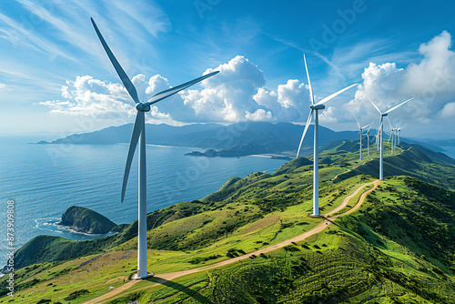 Coastal wind farm with ocean backdrop