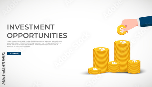 Human hand putting coin to stack of coins on green arrow background. Investment, saving money and finance growth business concept. Hand drawn vector sketch illustration for poster or banner design