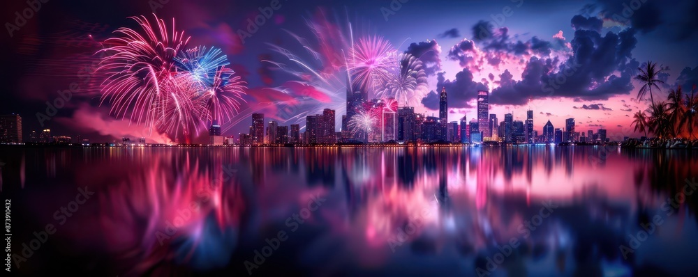 Spectacular Fourth of July fireworks over a city skyline, vibrant and colorful explosions, high detail, night sky, high resolution, joyful crowd watching, patriotic atmosphere Spectacular Fourth of July fireworks over a city skyline, vibrant and colorful explosions, high detail, night sky, high resolution, joyful crowd watching, patriotic atmosphere