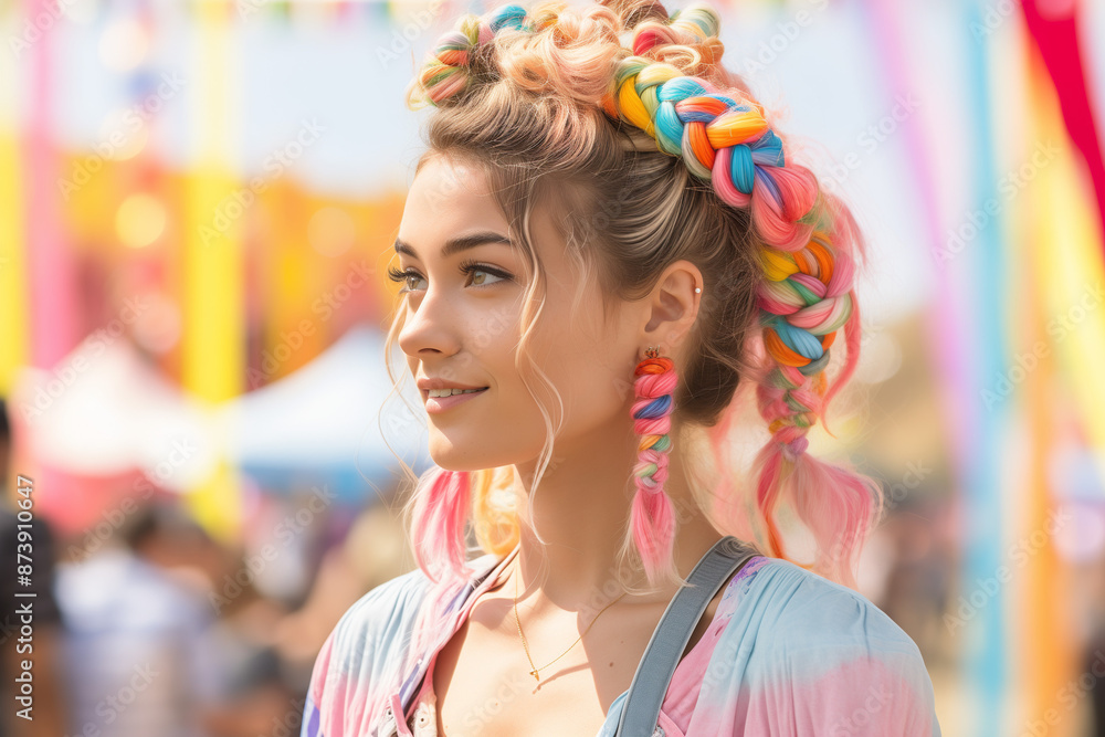 Festival-ready Crown Twist Hair style with colorful twists and playful accessories, ideal for a lively outdoor celebration or a music festival. Hair style for girls. Generative AI tool Festival-ready Crown Twist Hair style with colorful twists and playful accessories, ideal for a lively outdoor celebration or a music festival. Hair style for girls. Generative AI tool