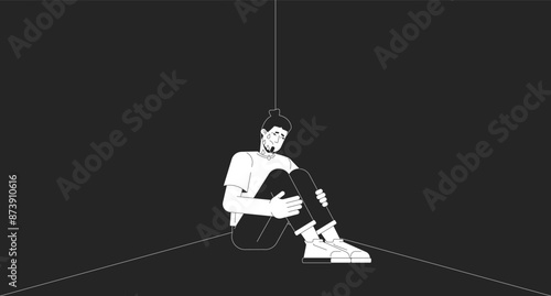 Sad caucasian man crying in dark corner black and white 2D illustration concept. European male dealing with trauma outline cartoon scene background. Depression metaphor metaphor monochrome vector art