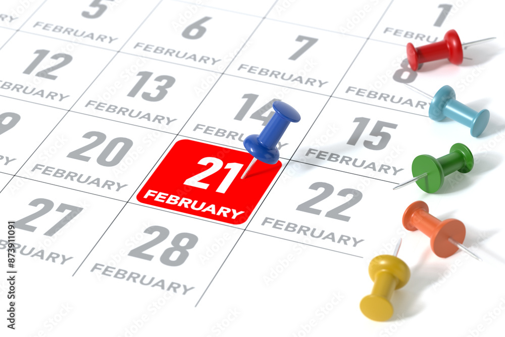 February Calendar with Blue Pushpin. Calendar Concept Using White Background and Simple Composition. 3d Rendering February Calendar with Blue Pushpin. Calendar Concept Using White Background and Simple Composition. 3d Rendering