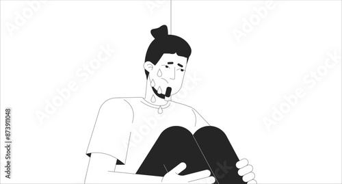 Crying european man hugging knees black and white 2D illustration concept. Caucasian male with depression outline cartoon scene background. Mental health metaphor metaphor monochrome vector art