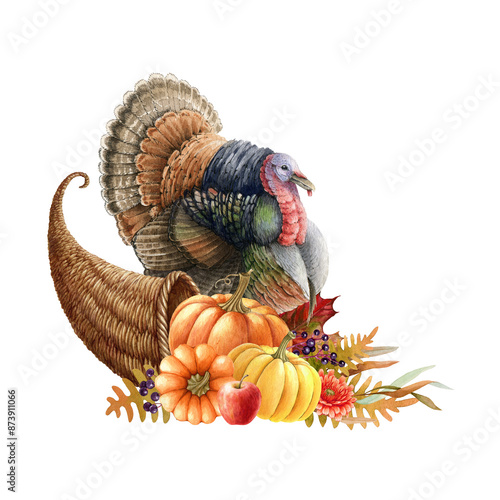 Thanksgiving festive cornucopia with pumpkins, turkey bird, autumn leaves. Harvest cornucopia with pumpkins watercolor painted illustration. Autumn season thanksgiving vintage style decoration