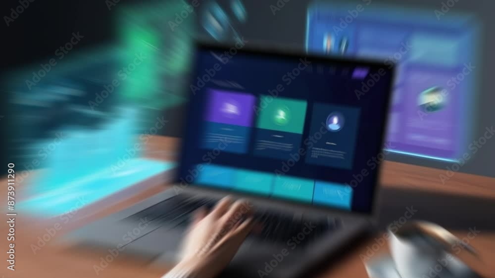 User engaged with laptop, featuring graphics and data visualizations on screen and floating nearby. Advanced interface implies augmented reality or futuristic data analysis, immersive technology. User engaged with laptop, featuring graphics and data visualizations on screen and floating nearby. Advanced interface implies augmented reality or futuristic data analysis, immersive technology.