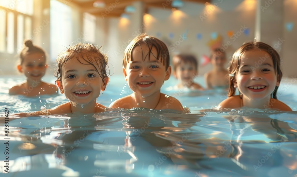Group of happy kids learning swimming in indoor summer pool. Happy children kids group at swimming pool class learning to swim, happy summer vacation Group of happy kids learning swimming in indoor summer pool. Happy children kids group at swimming pool class learning to swim, happy summer vacation