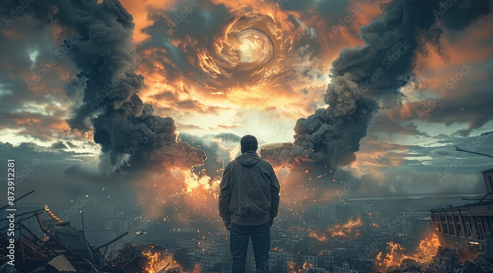 Obraz premium Rear view. Man watching the end of the world. Generative AI.