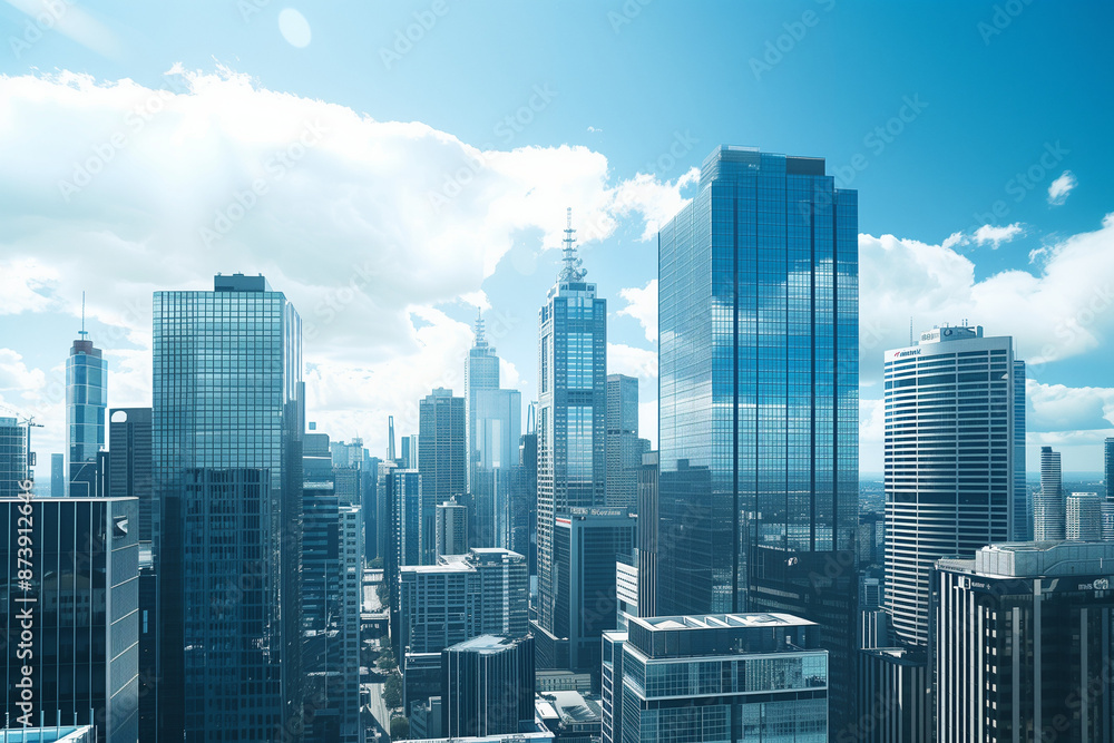 Obraz premium Financial District Skyscrapers Viewed from Above with Clear Blue Skies