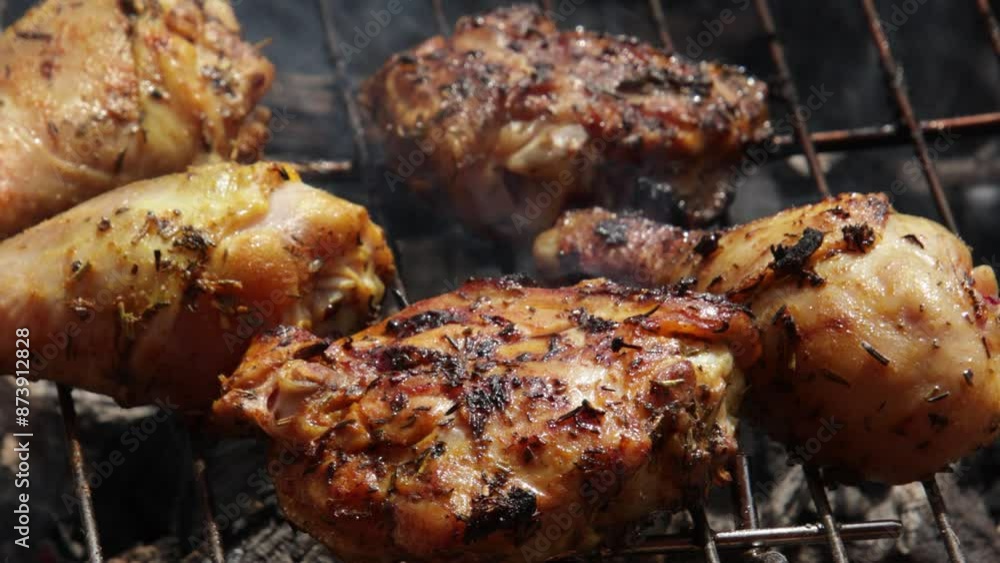 morceaux de poulet, en cuisson, sur un barbecue morceaux de poulet, en cuisson, sur un barbecue