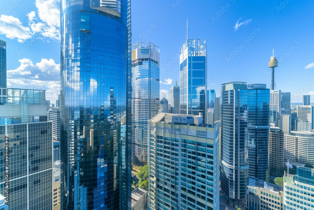 Financial District Skyscrapers Viewed from Above with Clear Blue Skies Financial District Skyscrapers Viewed from Above with Clear Blue Skies