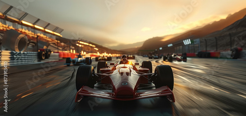 Formula cars coming towards the camera, front shot. Generative AI.