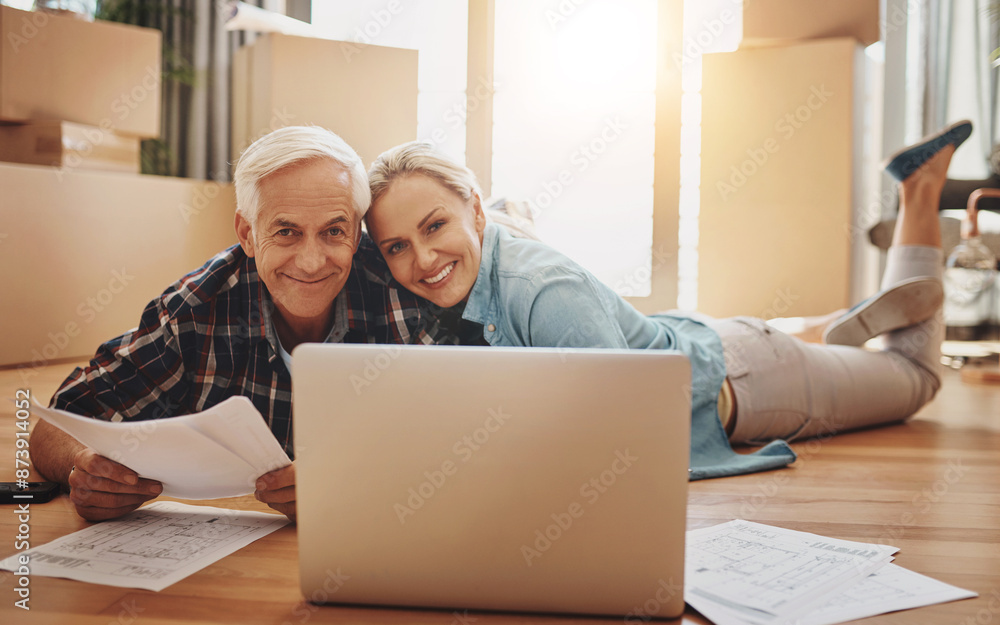 Portrait, new home and old couple with laptop, documents for renovation and planning with research. Face, people and man with woman on floor, pc and paperwork for mortgage, real estate and property Portrait, new home and old couple with laptop, documents for renovation and planning with research. Face, people and man with woman on floor, pc and paperwork for mortgage, real estate and property