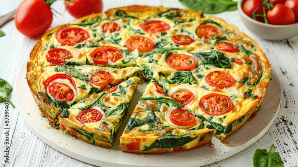 Spinach tomato onion and pepper Italian Frittata displayed on white wooden table Spinach tomato onion and pepper Italian Frittata displayed on white wooden table