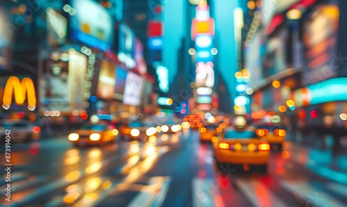 Blurry Night Cityscape With Yellow Taxis