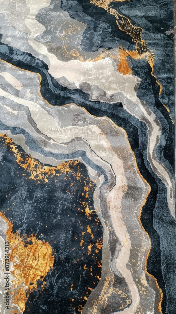 Fototapeta premium Abstract art piece with flowing waves of black, gray, white, and gold; rich texture and color contrast; evokes natural rock formations and mineral veins.